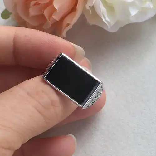 四会缅甸天然a货墨翠墨玉925纯银镶嵌马鞍方型翡翠玉戒指男士款