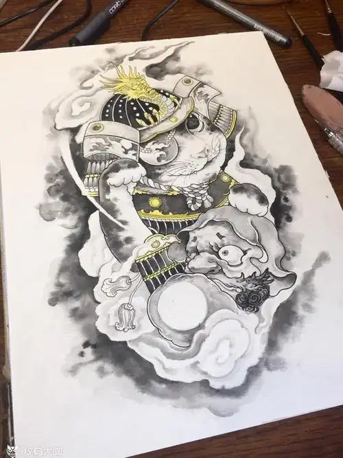 武士招财猫_纹身图案手稿图片_大晖的纹身作品集