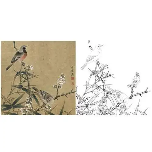 李晓明临宋花鸟作品底稿梅竹双雀图斗方小品册页k063