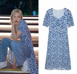 blackpink朴彩英rose同款碎花连衣裙泡泡袖开叉裙子牛仔裤套装