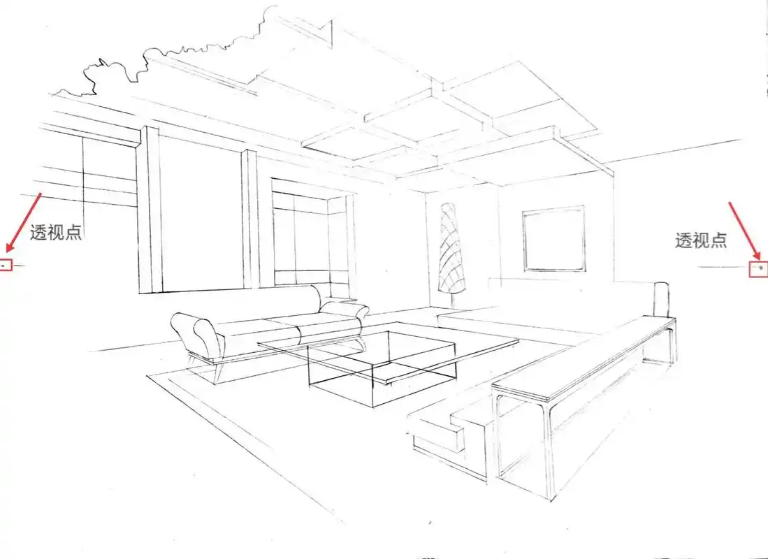 室内设计手绘两点透视(附教程) 绘画步骤🌼1.先定点 2.大概的线条轮