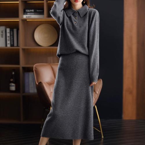 秋冬新款针织两件套女加厚气质popo领毛衣羊毛套裙洋气长袖裙套装