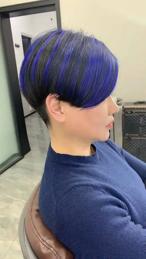 黑色露耳短发搭配蓝色的挑染,利落时尚大不同,让你则是一种很特别的