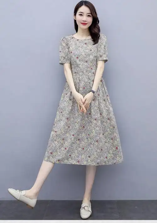 素雅定制女王轻奢亚麻棉麻小碎花棉麻连衣裙女中长款修身时尚印花短袖