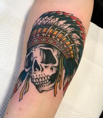 小臂oldschool印第安骷髅纹身图案