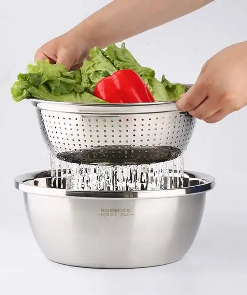 食品级304不锈钢盆子套装加厚家用 厨房打蛋和面洗菜沥水篮漏汤盆_爱