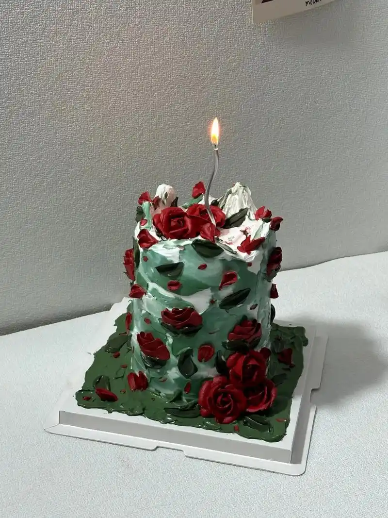 油画风玫瑰蛋糕.玫瑰掀起海的波涛,日落也浪漫#进口动物奶油蛋 - 抖音