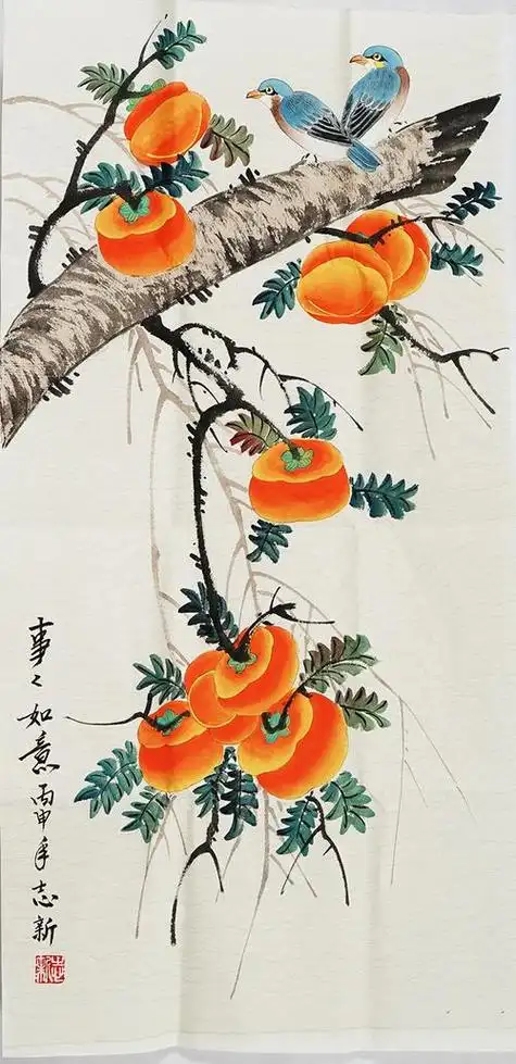 名家笔下柿子图纯手绘书画字画作品写意国画花鸟芭蕉写意水墨画大鸡