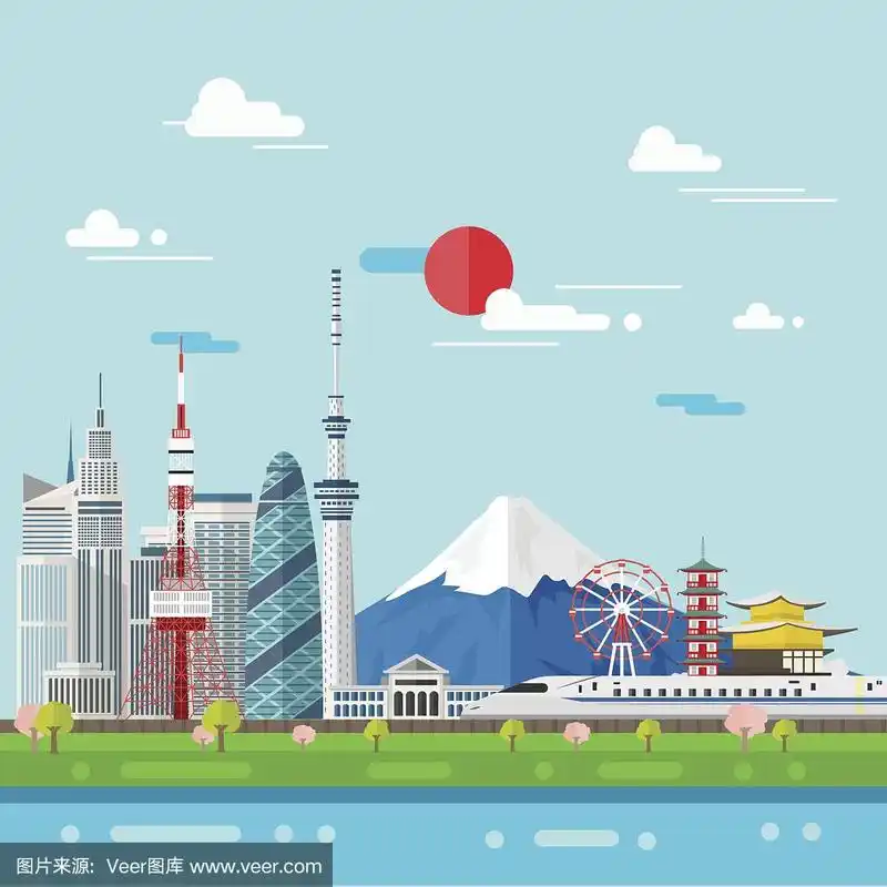 日本东京城市的平面插图.日本著名地标