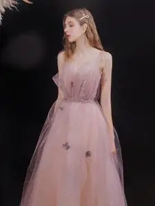 晚礼服女2022新款仙气梦幻粉色吊带蓬蓬裙宴会年会主持结婚敬酒服