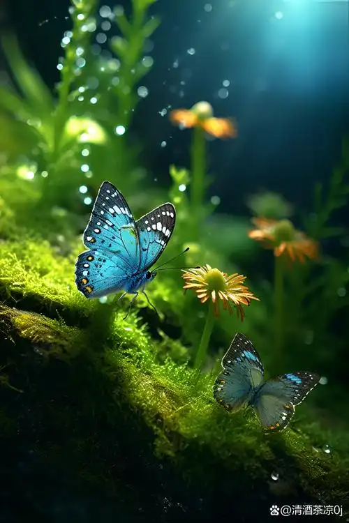 两只蝴蝶在花丛中起舞,翅膀闪烁着微光,如诗如画,宛如仙境.