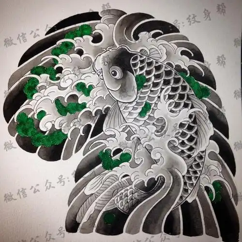 日式传统半胛鲤鱼纹身图案手稿