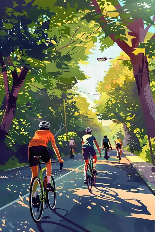 城市的绿道,骑自行车的人穿过绿树成荫的道路,感受夏日的凉爽