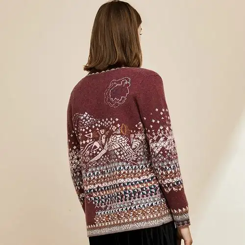 恒源祥几何提花纯羊绒衫女秋冬厚毛衣外套北欧风波普图案针织开衫