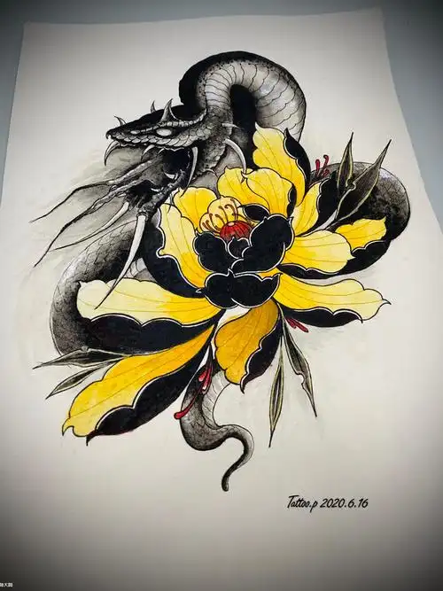 蛇与牡丹_纹身图案手稿图片_tat—深奥的纹身作品集