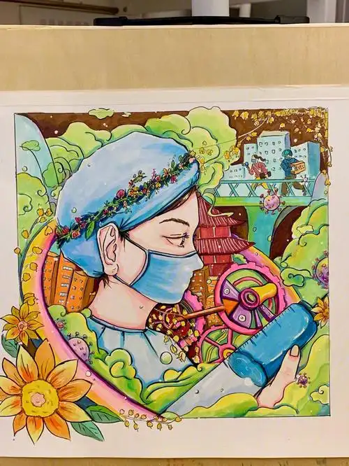 马克笔绘画第五张抗击疫情主题