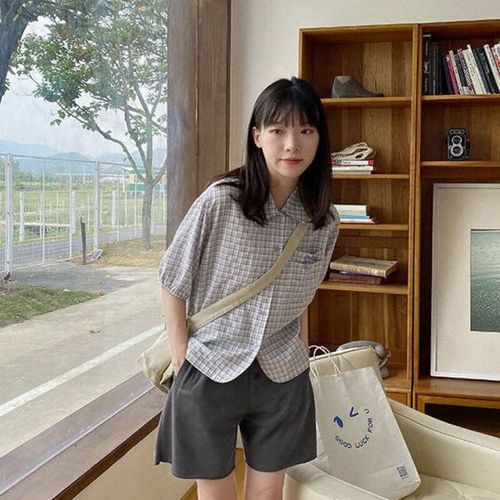 恺吉锐小清新浅色格纹衬衫泡泡袖短袖衬衫女夏季短款衬衣学院风上衣