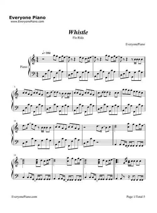 whistle-flo rida-钢琴谱文件(五线谱,双手简谱,数字谱,midi,pdf)免费