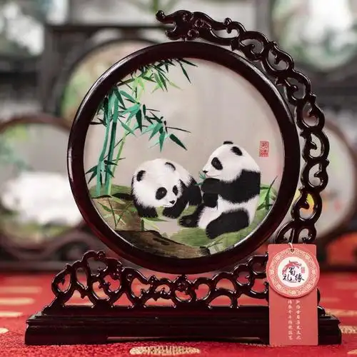 蜀绣双面摆件中国特色纪念品蜀锦苏绣手工艺品老外小礼刺绣
