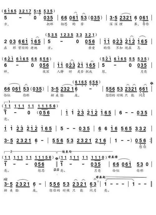 想你的时候问月亮(雨中百合演唱)简谱-通俗曲谱-爱曲谱网