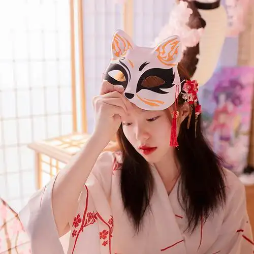 发光头饰款半脸猫狐狸面具手绘同款日式和风动漫男女派对舞会面具半脸