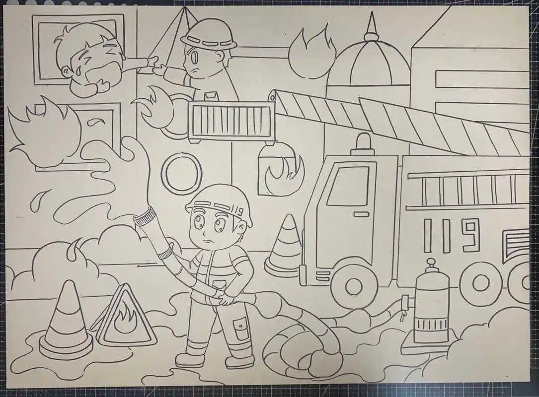 消防绘画119小小消防员主题画     画笔使用1快勾线笔 马克笔使用斯