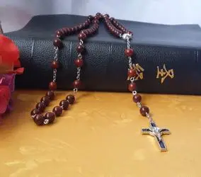 天然正品6mm红檀香木玫瑰经长念珠项链天主教圣物(赠陶瓷念珠盒)