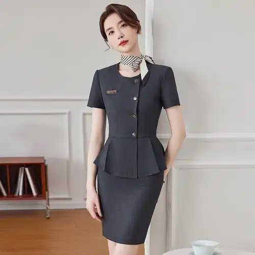 短袖珠宝店工作服女夏季新款美容院套装工装气质灰色酒店前台正装