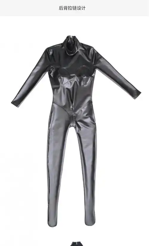 衣长袖舞台走秀cd束身连体紧身衣油面黑后背拉链u裆拉链140fs矮胖胶衣