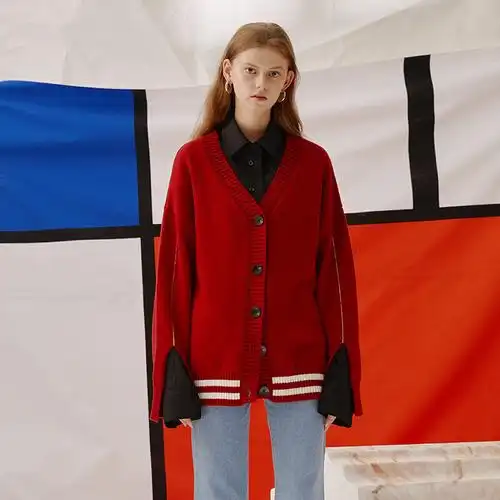 2017秋冬季女装v领红色针织开衫女撞色袖口开叉休闲长袖外套