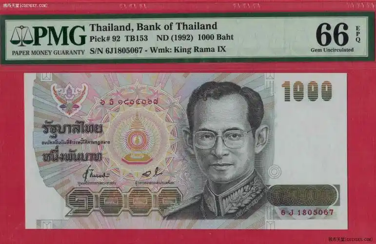 泰国1992 02年 021000铢/p-92/签名64/纪念钞/国王水印/un