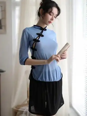悠曼娅性感民国学生装旗袍制服cos透明女套装纯欲主播角色扮演蓝上衣