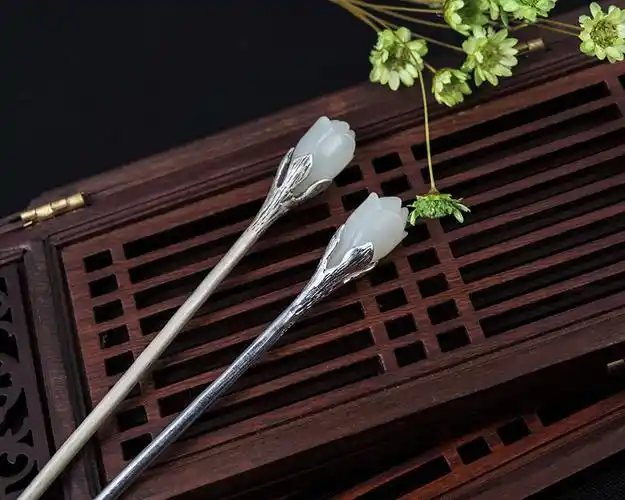 原创手工银镶和田白玉发簪玉兰花古典复古风银簪子盘发头饰品女【图片