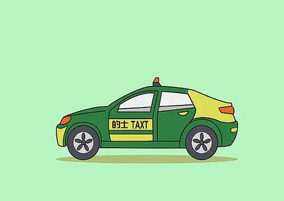 原创手绘黄绿色扁平卡通风格出租车插画