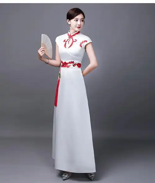 礼仪小姐礼服旗袍改良鱼尾迎宾中国风刺绣裙颁奖主持学生演出服勤太太