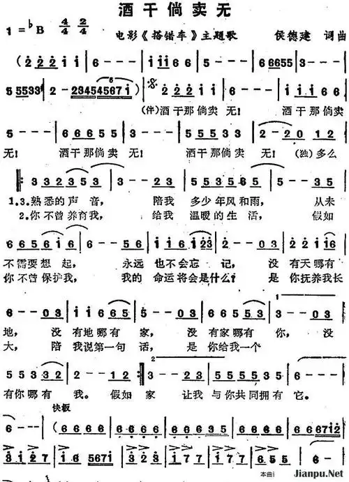 歌曲苏芮演唱金曲:酒干倘卖无(电影《搭错车》主题歌)的简谱歌谱下载