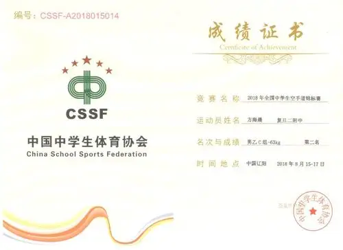 方海晨 2018年全国中学生空手道锦标赛 男乙c组-63kg 第二名(2018.8)