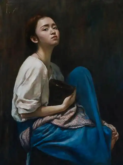 油画《抱陶罐的少女》彭智勇