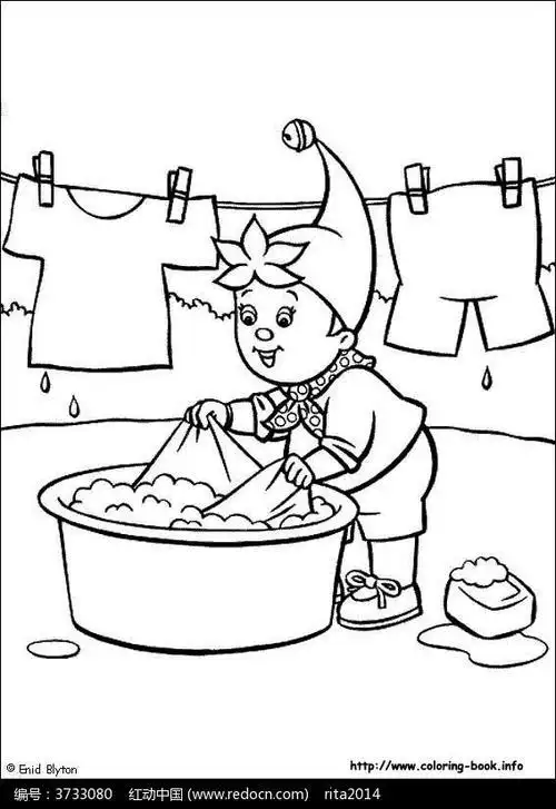 卡通洗衣服的小孩黑白简笔画图片素材