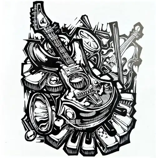 吉他黑白插画/黑白装饰画/艺术考研/创意设