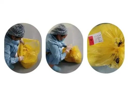多重耐药患者医疗废物床旁处理,双层医疗废物袋分层鹅颈封扎,规范张贴