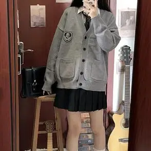 长袖宽松百搭外套女秋冬日系原创jk制服毛衣学院风校供感针织开衫