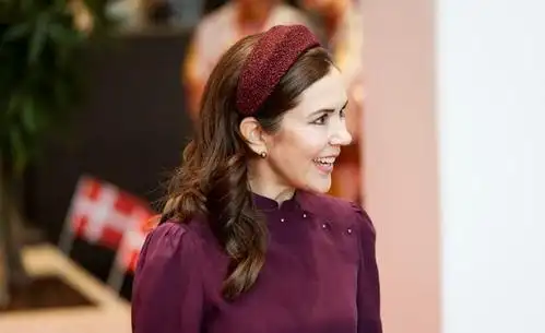 丹麦玛丽王妃用紫色搭配灰色长裙,戴发卡造型时尚又有浪漫风情