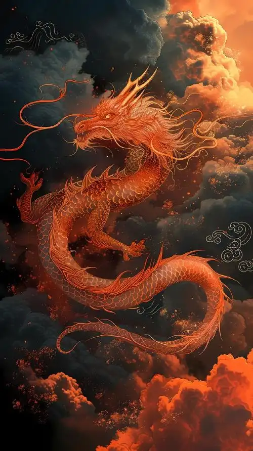 新年壁纸接龙##龙年大吉#中国龙壁纸插画,气吞山河 腾云驾雾 遨游