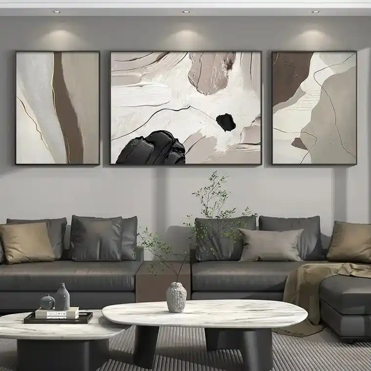 纯手绘油画现代简约装饰画客厅沙发背景墙高档大气抽象三联组合画