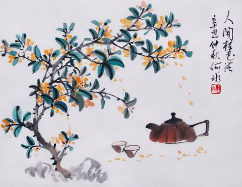 原创国画桂花月亮中式画手绘装饰画花鸟图案挂画茶壶字画原稿真迹