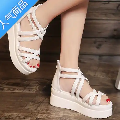 suntek夏季新款学生松糕女鞋厚底中跟平底2021女凉鞋高跟露趾休闲罗马