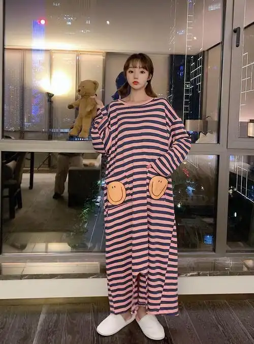 新品条纹连体睡衣女春秋棉质长袖睡裙可爱长款秋冬大码孕妇家居服套装