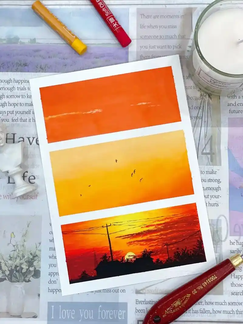 油画棒|日落黄昏晓61附步骤61三联画.