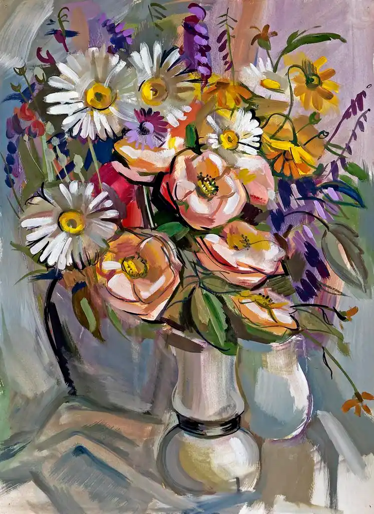 一束花静物,一束花的静物画.手绘的水粉画